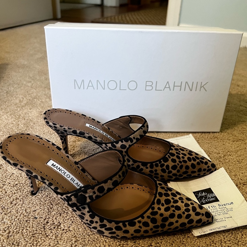 Manolo Blahnik leopard kitten heel mules
